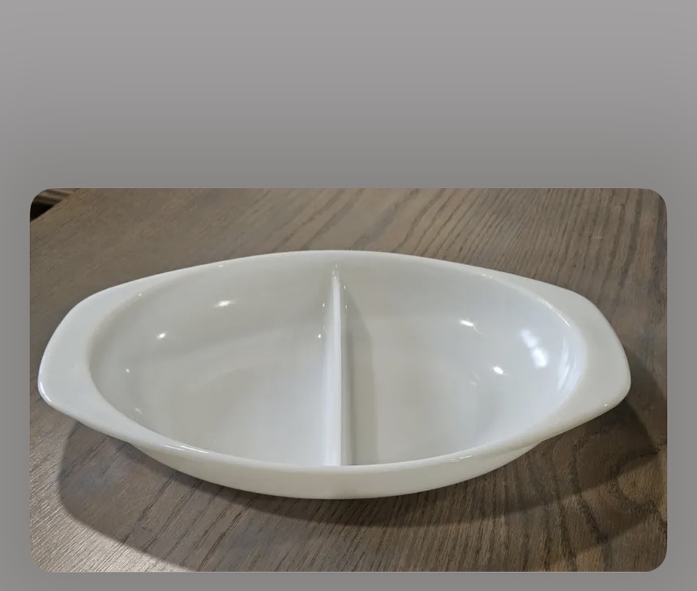 Vintage Pyrex White Milkglass Divided Oval Dish with Handles 1063